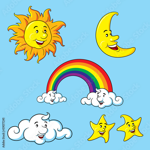 Sun Moon Stars Clouds & Rainbow Cartoon