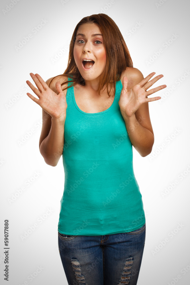 Surprised girl excited woman has joy and happiness opened her mo Surprised girl excited woman has joy and happiness opened her mo