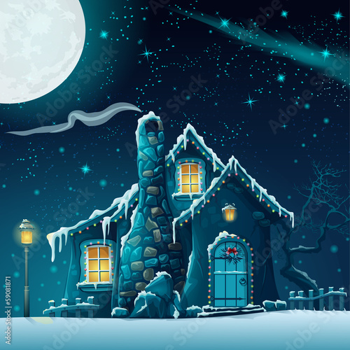 Illustration of a winter night with a fabulous house and lantern