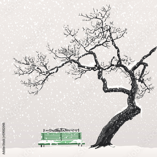Illustration of a winter landscape with a tree and a bench