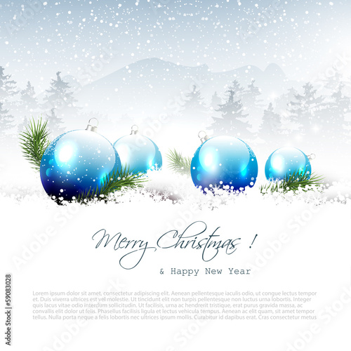 Christmas winter landscape with blue balls and copyspace
