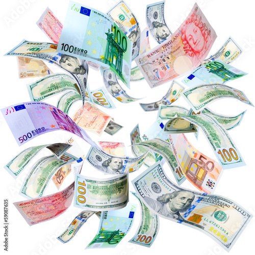 Dollars, Euros and Pounds falling and spinning isolated on white photo