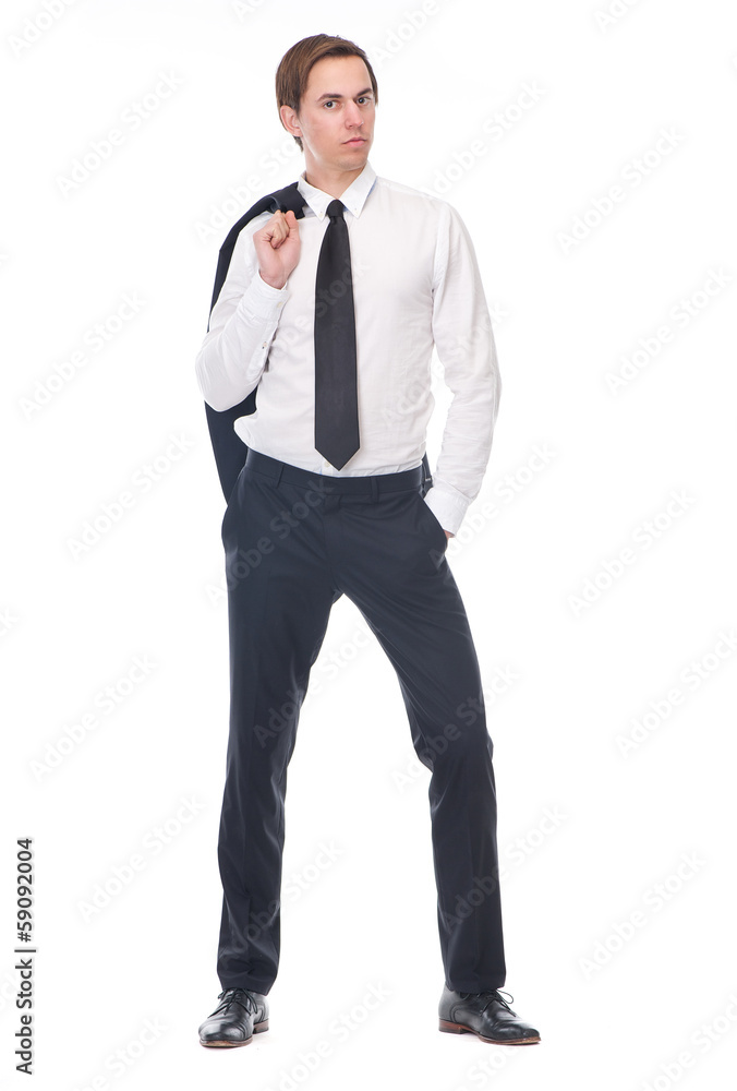 Portrait of a young businessman holding black suit jacket Portrait of a young businessman holding black suit jacket