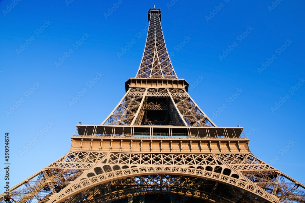 Eiffel Tower, Paris, France. View from the bottom, wide angle