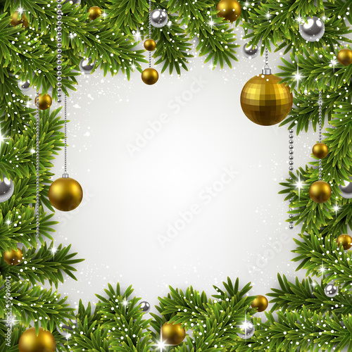 Christmas frame with fir branches and balls.