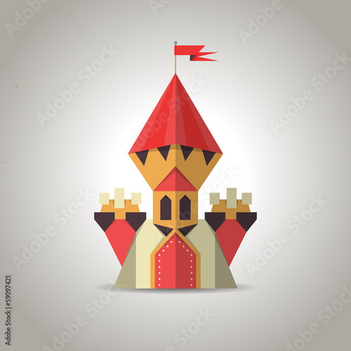 Cute origami castle from folded paper. Icon.