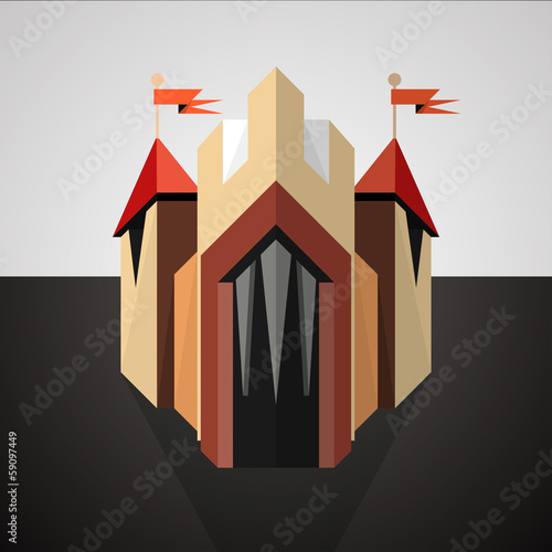 Cartoon castle drawn in perspective. Icon.