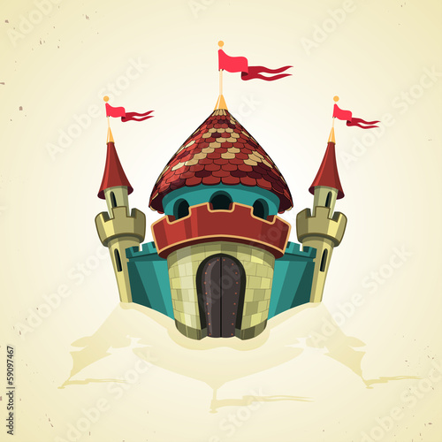 Cartoon fortified castle with flags. Icon.