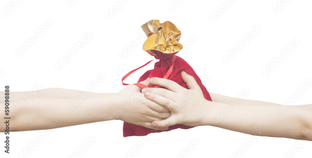 children hand holding a sack isolated on white background children hand holding a sack isolated on white background