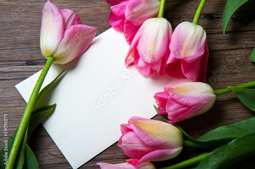 Fototapeta Naklejka Na Ścianę i Meble -  pink tulips with postcard