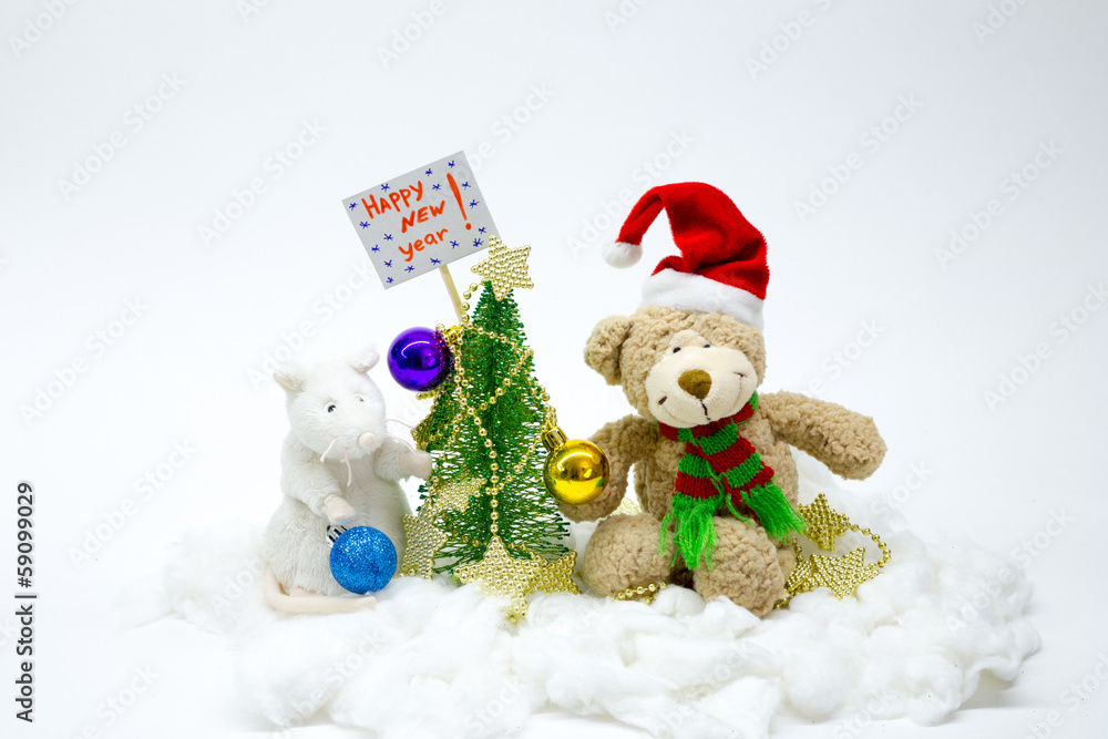 Fototapeta premium Bear dressed up Christmas tree and invited guests Mouse