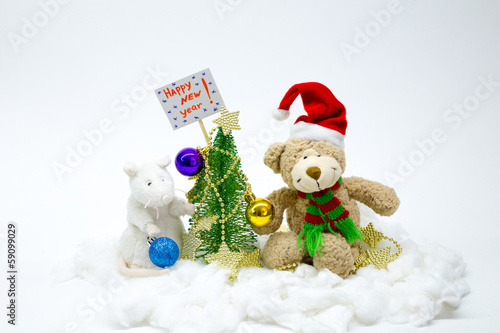 Bear dressed up Christmas tree and invited guests Mouse