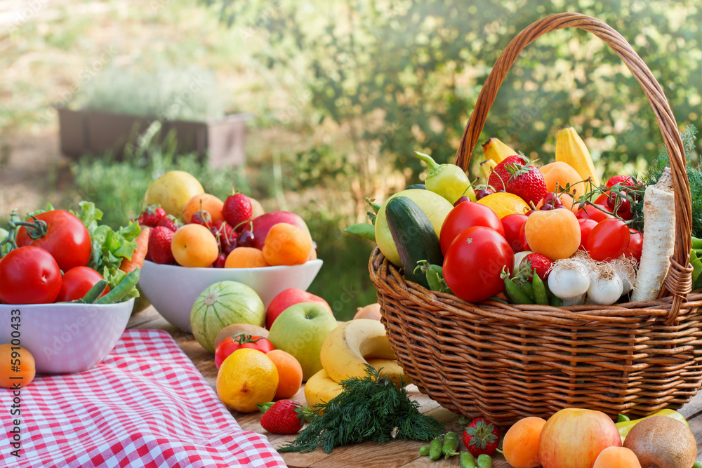Table full of various organic fruits and vegetables Table full of various organic fruits and vegetables