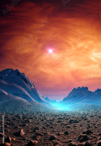 Alien Planet with Mountains and mystic Sky