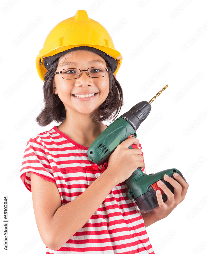 Little asian malay girl with power drill over white background