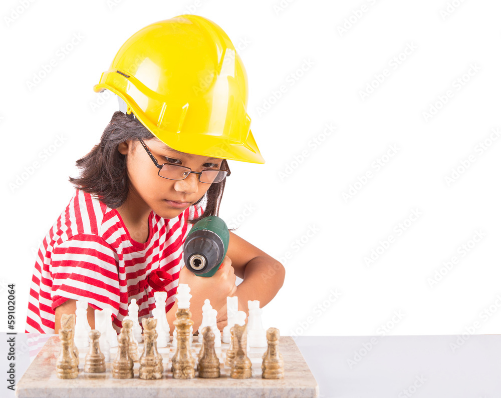 Concept image of little girl destroying a stone chess set. Concept image of little girl destroying a stone chess set.