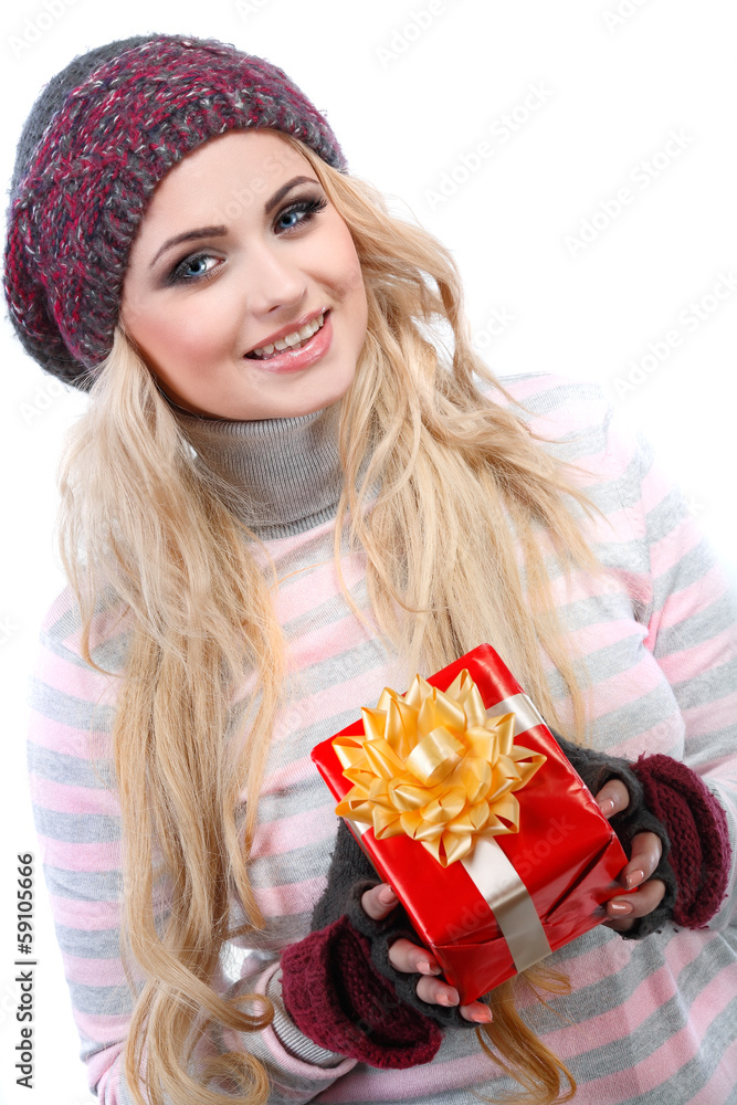 beautiful girl is in winter clothes with red gift box beautiful girl is in winter clothes with red gift box