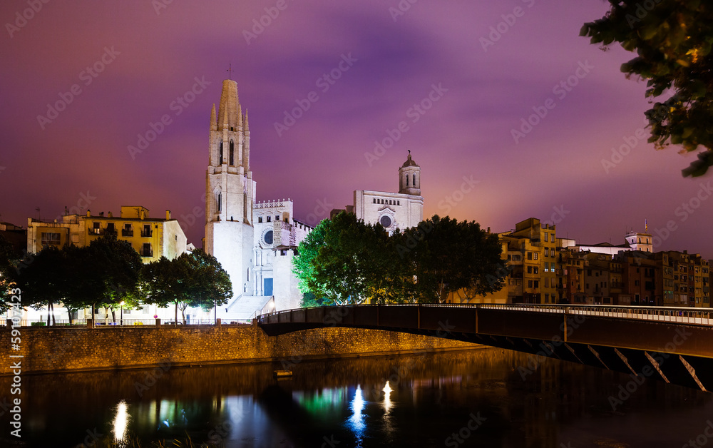 night view of Girona -  Church of Sant Feliu and cathedral