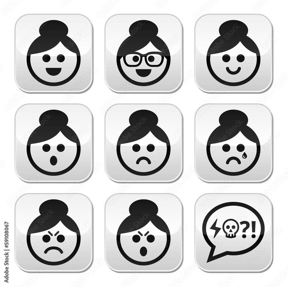 Grandma face, woman with bun hair vector buttons set Grandma face, woman with bun hair vector buttons set