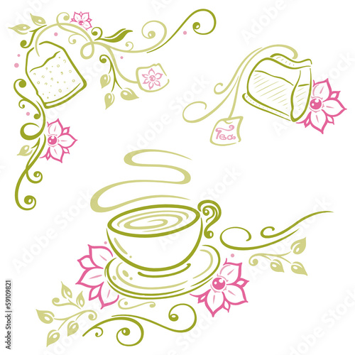 Japanische Kirschblüten mit Tee. Teetasse und Teebeutel. Vector Set bunt.