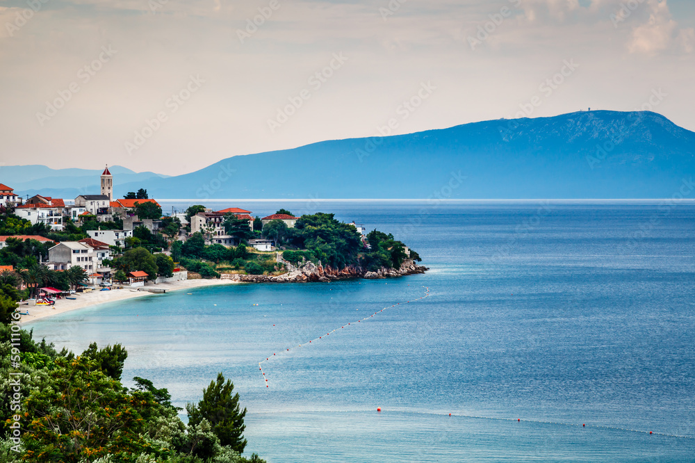 Town of Gradac on Makarska Riviera and Island Brac in Background