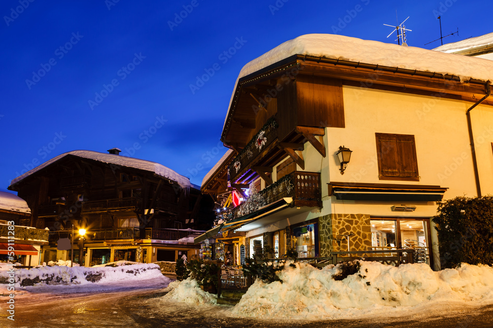 Illuminated Street of Megeve on Christmas Eve, French Alps, Fran Illuminated Street of Megeve on Christmas Eve, French Alps, Fran