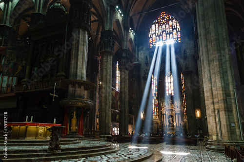 Fotografie, Obraz The Bright Beam of Light Inside Milan Cathedral, Italy