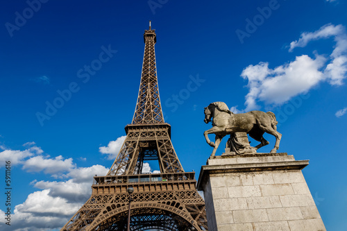 Eiffel Tower and Horse Sculpture in Foreground, Paris, France