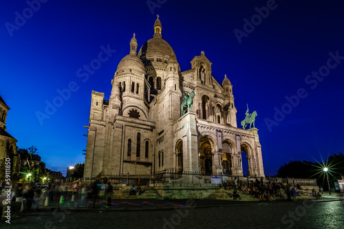 Sacre Coeur Cathedral on Montmartre Hill at Dusk, Paris, France