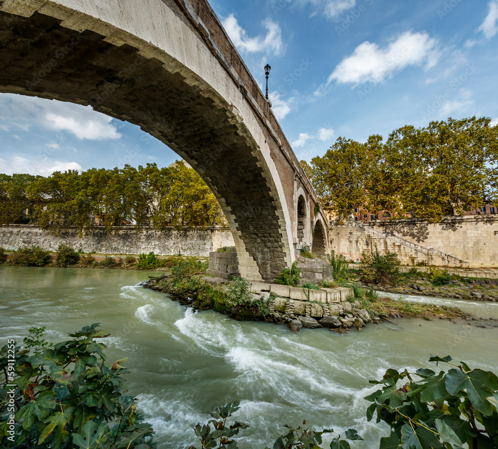Panorama of Tiber Island and Fabricio Bridge over Tiber River, R Panorama of Tiber Island and Fabricio Bridge over Tiber River, R
