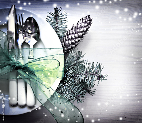 Photography Christmas table place setting with christmas decorations