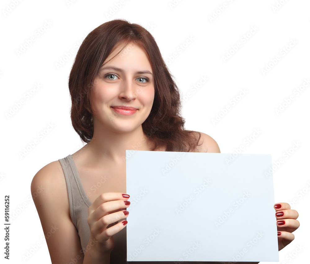 Smiling, Caucasian woman 18 years old, shows blank sign board. Smiling, Caucasian woman 18 years old, shows blank sign board.