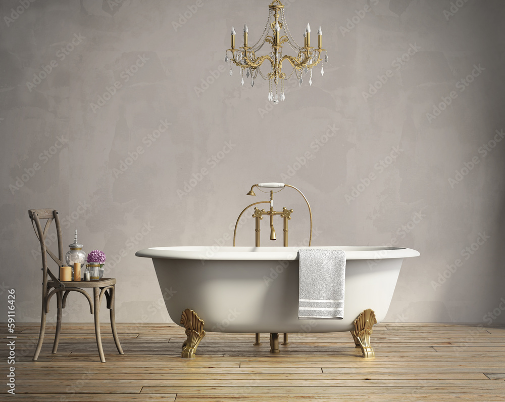Classic bathtub with chandellier and aged wood floor - obrazy, fototapety, plakaty 
