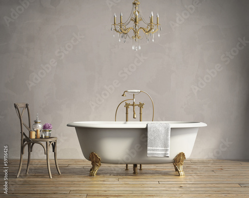 Papier peint Classic bathtub with chandellier and aged wood floor