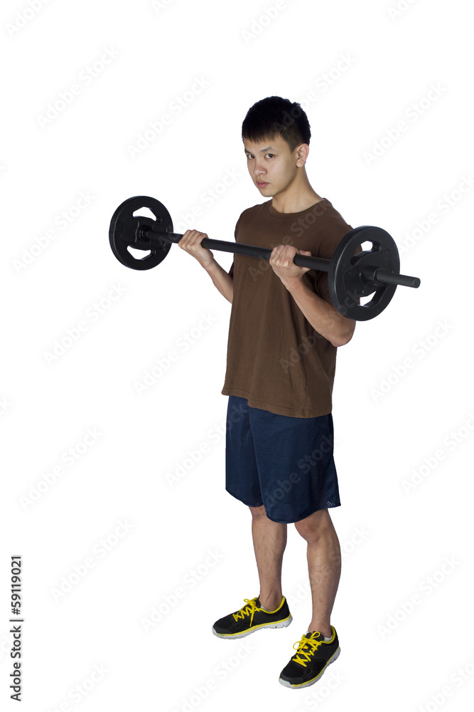 Obraz premium Young sports man with barbell