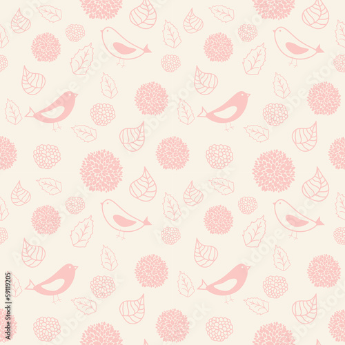 Pink seamless pattern with birds and flowers
