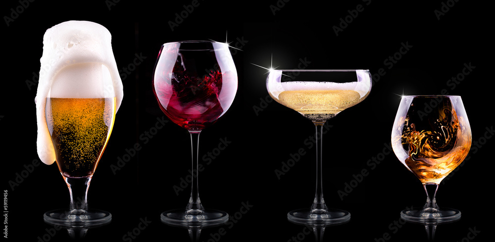 set with different drinks on black background set with different drinks on black background