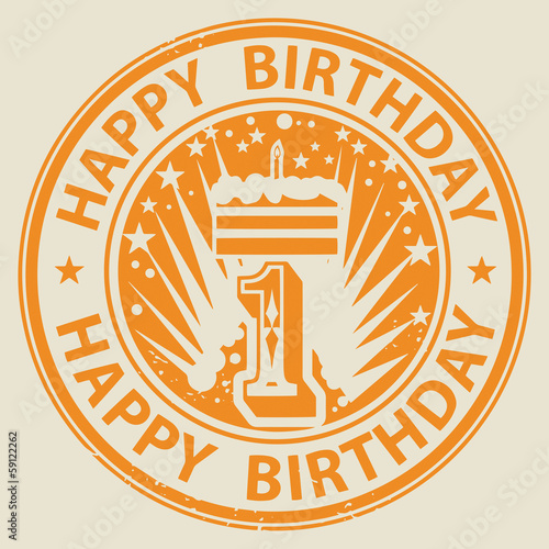 Stamp with candles, cake and the text Happy Birthday, vector