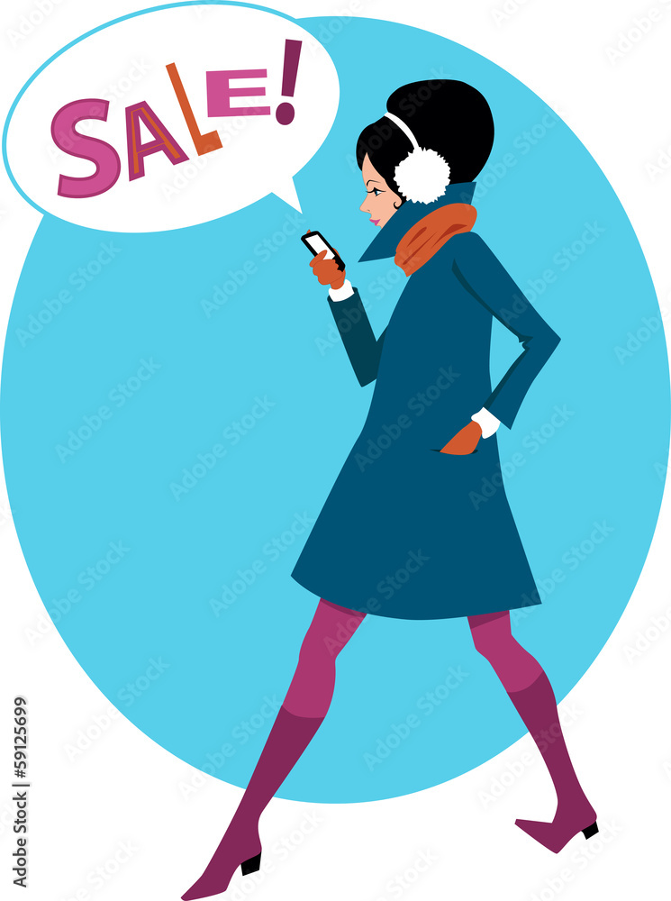 Woman receiving sale announcement on her cellphone Woman receiving sale announcement on her cellphone