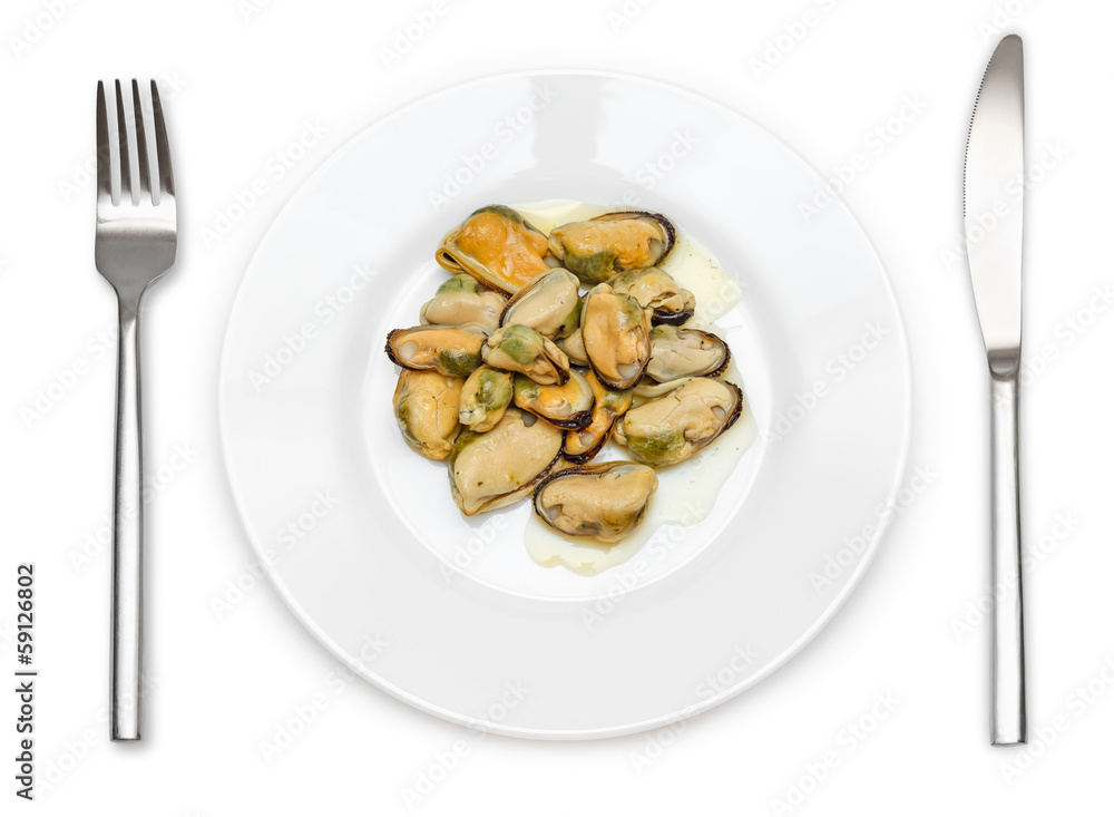 Cooked mussels on a plate Cooked mussels on a plate
