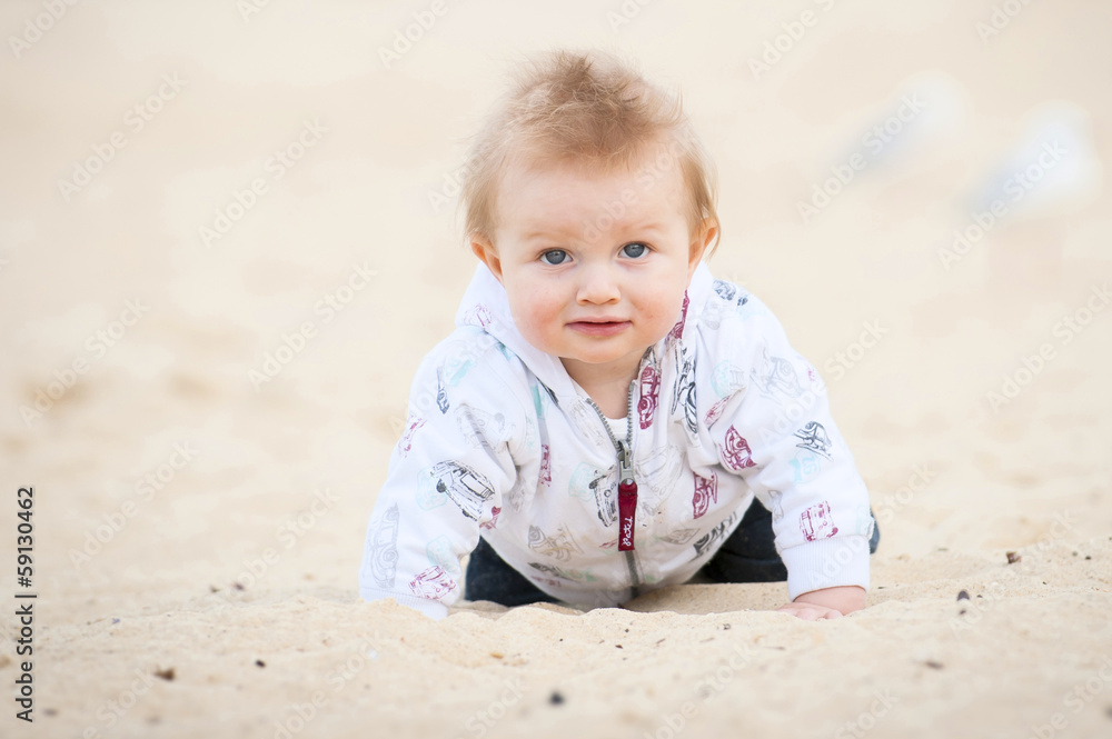 Little Kid on Sand Beach and Seagulls Little Kid on Sand Beach and Seagulls