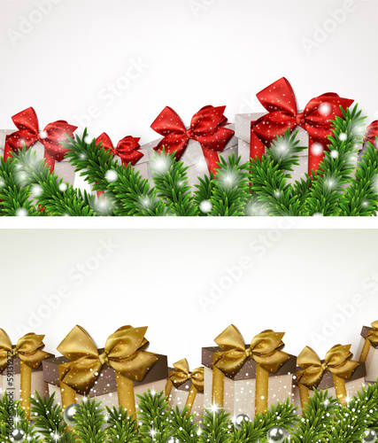 Christmas banners with fir branches gift boxes.