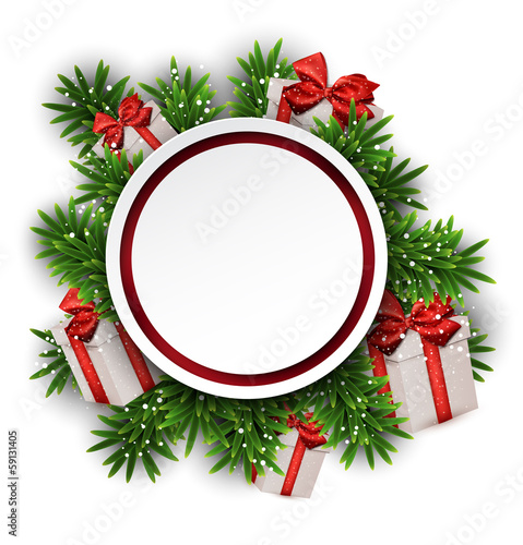 Round paper christmas card with gift boxes.