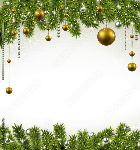 Christmas frame with fir branches and balls.