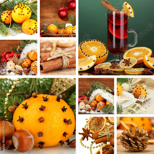 Fototapeta Naklejka Na Ścianę i Meble -  Christmas collage with tasty food, drinks and  decorations