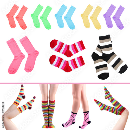 Collage of female legs in colorful socks and socks