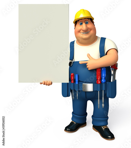Mechanic with sign