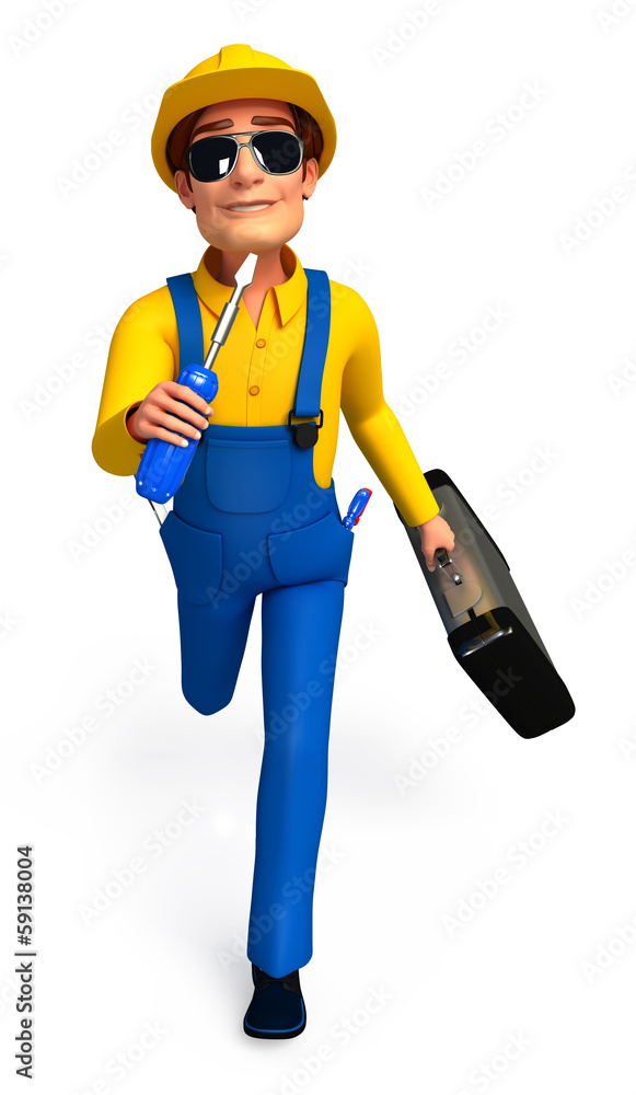 Plumber running which his screw driver & tool box Plumber running which his screw driver & tool box
