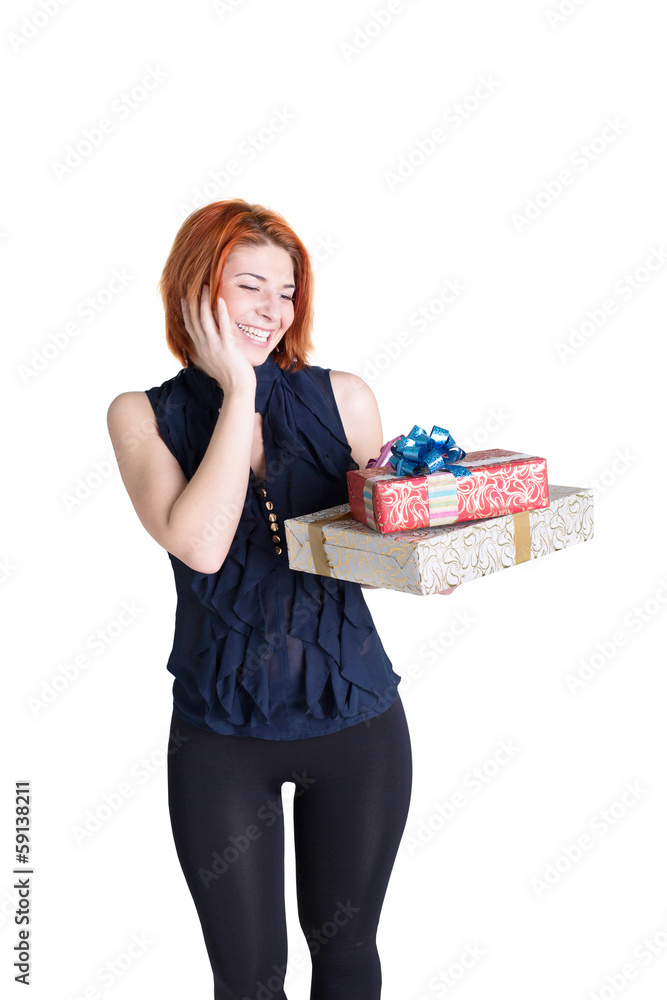 Happy red-haired woman with boxes gifts Happy red-haired woman with boxes gifts