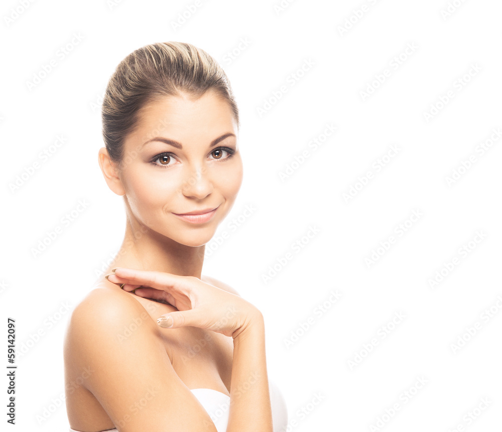 Close-up portrait of a beautiful and young woman on white Close-up portrait of a beautiful and young woman on white